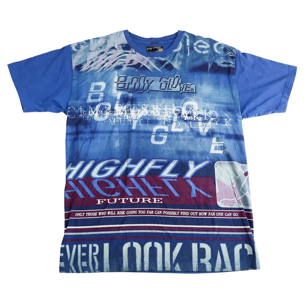 Vintage 90s Body Glove AOP Surf T-Shirt L Blue Never‎ Look Back Graphic Tee Rare